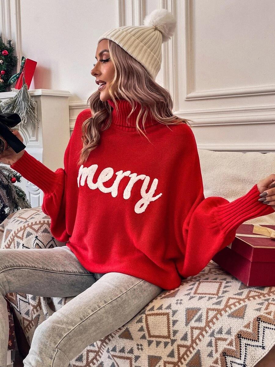 350g Weight Long Sleeve Sleeve Length Pullovers Placket Type Batwing Sleeve Sleeve Type Polyester, Polyacrylonitrile Fiber Fabric Type Long Top Length Sweater Tops Type Daily Occasion Turtleneck Neckline Loose Fit Type Christmas Festival Letter Pattern Winter, Autumn Season Women's Gender Embroidery Design Streetwear Style Wholesale Women's Streetwear Letter Long Sleeve Embroidery Sweaters & Cardigans 7
