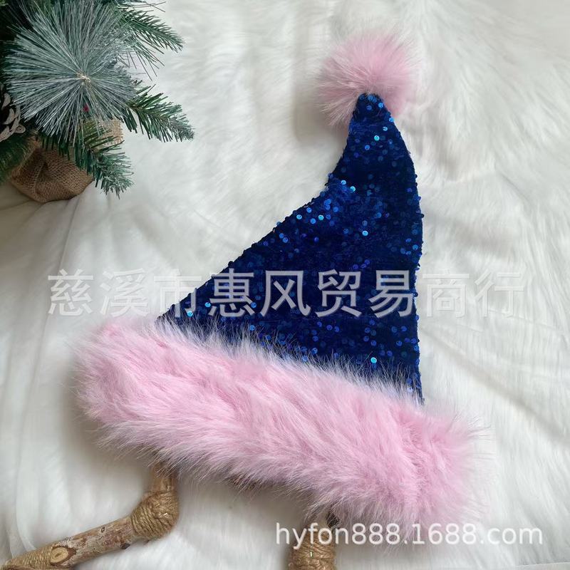 クロスボーダー新製品クリスマス帽子サファイアブルーフルスパンコール二層ぬいぐるみ装飾帽子 31*47 センチメートルスリムピンクエッジ雰囲気帽子|undefined