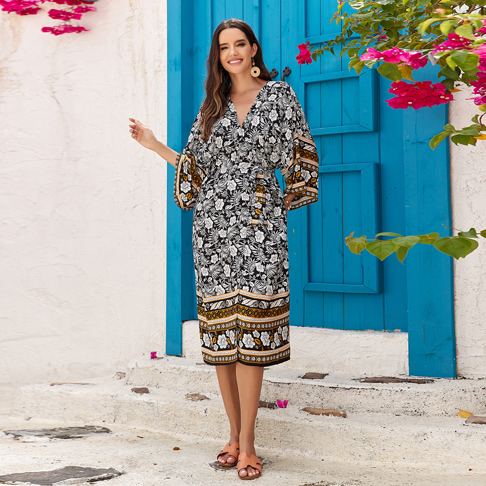 3 colores transfronterizos europeos y americanos playa protector solar cardigan rayón impreso bohemio cardigan kimono bikini chaqueta 382