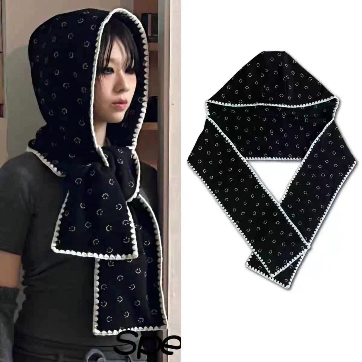 Lace hat with bow, design keep warm universal knitted scarf