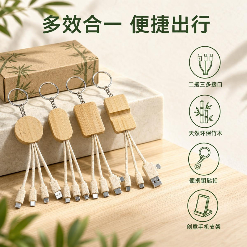 通用型可降解竹木一拖三充电线钥匙扣吊支架手机支架钥匙扣吊