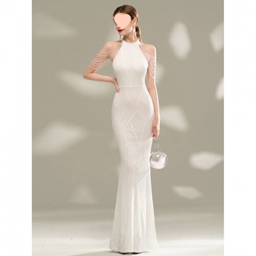 White evening gown for women, high-end, elegant, choker-style host dress, fishtail long dress