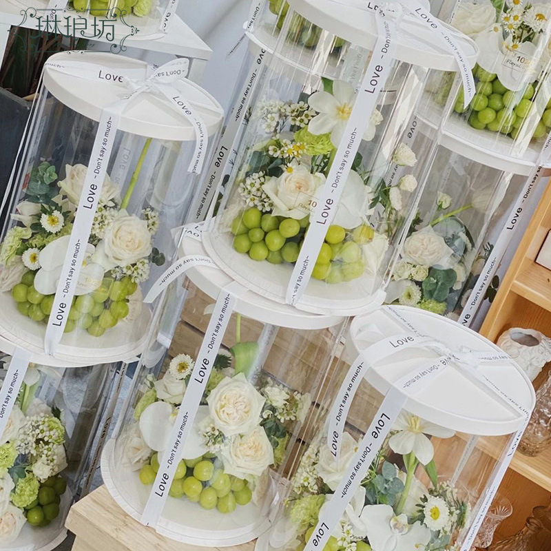 Caja de pastel de flores de 8 pulgadas ramo de pastel de frutas caja de regalo Perspectiva de PVC cubo grande abrazo diseño de cesta de flores portátil