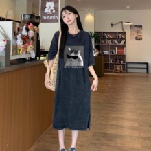 韩版休闲减龄ins洗水做旧短袖T恤女纯棉水洗宽松复古夏季印花长裙