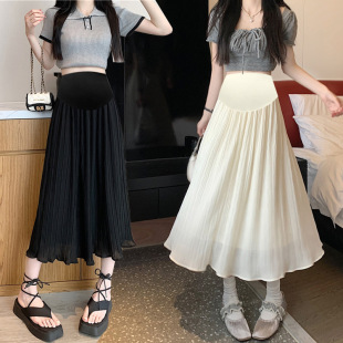 in stock maternity dress pleated skirt 2024 new women's spring and summer high waist outside wear thin pleated A- line skirt