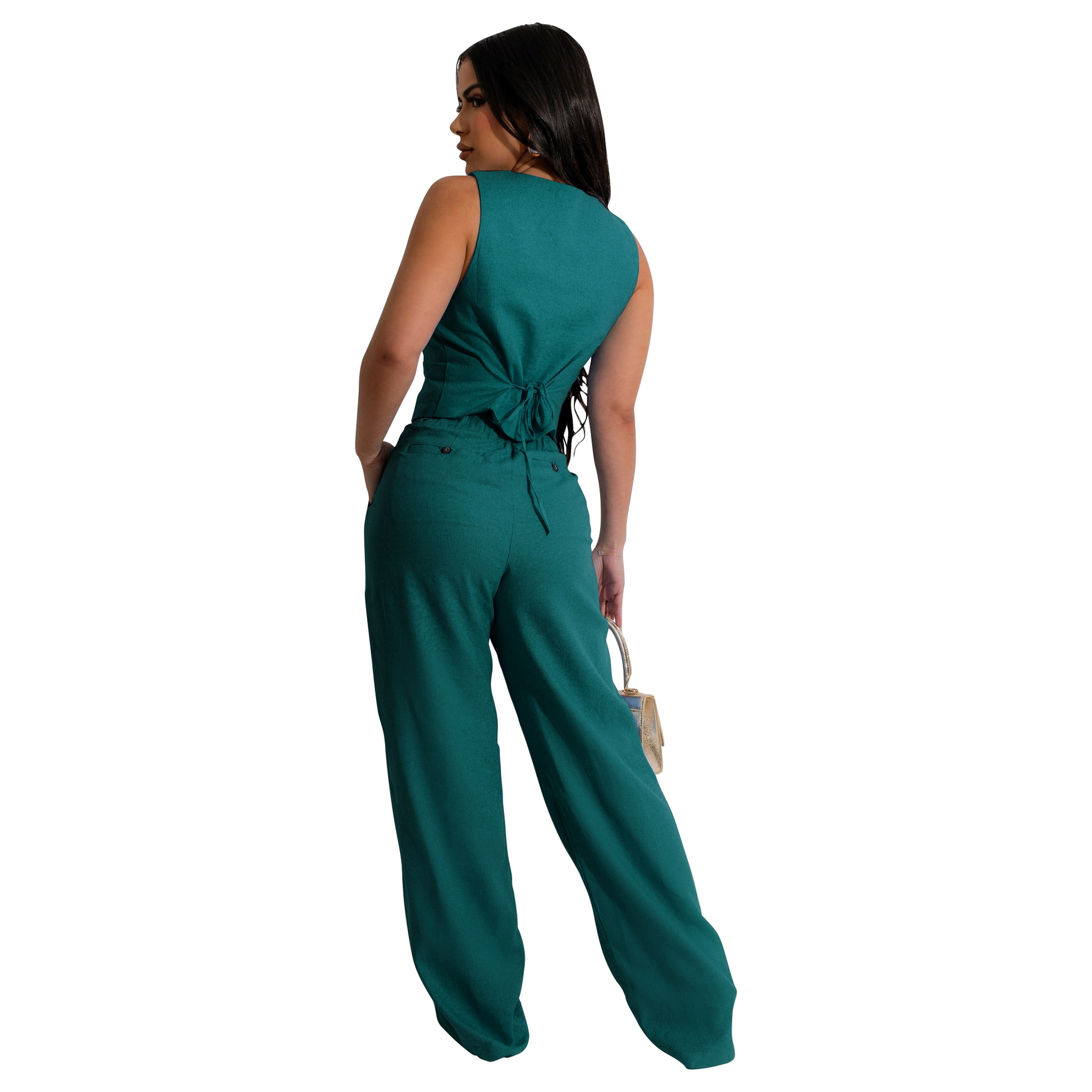 350g Weight Sleeveless Sleeve Length Spandex, Polyester Fabric Type Pant Co-ord Set Sets Type 2 Pieces Set Quantity Holiday Occasion V Neck Neckline Slim Fit Type Solid Color Pattern Summer Season Women's Gender Button Design Casual Style Holiday Women's Casual Solid Color Spandex Polyester Button Pant Co-ord Set Pants Sets 19