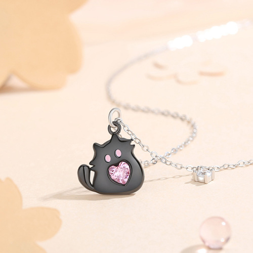 Original pink kitten necklace sterling silver 925 cute cartoon girl heart sweet cool style pendant niche ins clavicle chain