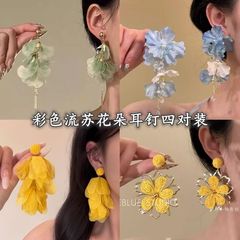 小清新薄纱水晶花朵流苏耳环方圆脸休闲百搭耳钩设计感小众耳饰女