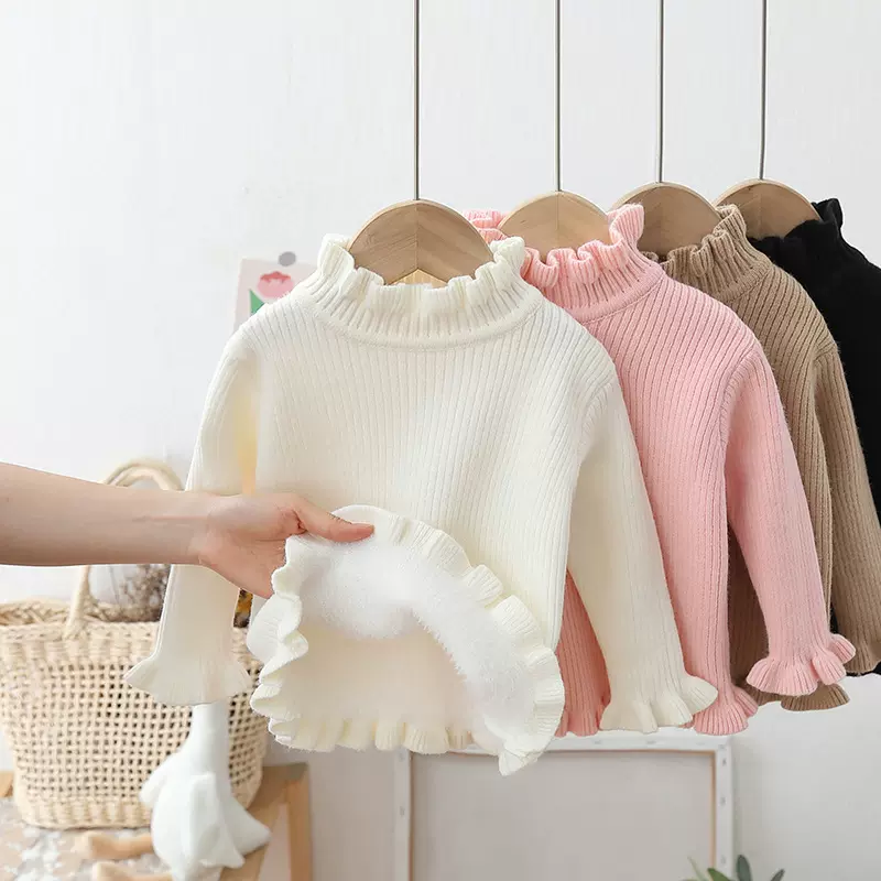 一体绒女童毛衣秋冬木耳边加绒内搭儿童半高领针织打底衫加厚保暖