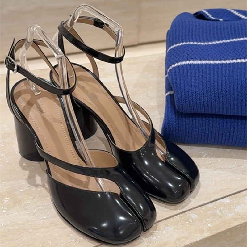 Fashion star with 8CM high heel tabi split toe shoes pig's trotters one-word buckle horseshoe heel sheep's trotters women's shoes high heel