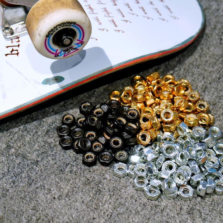 Professional Skateboard Side Nut British M8 Bridge End Lock Wheel Nut Double Rocker Bracket Screw Hardware Nylon Cap on Both Sides