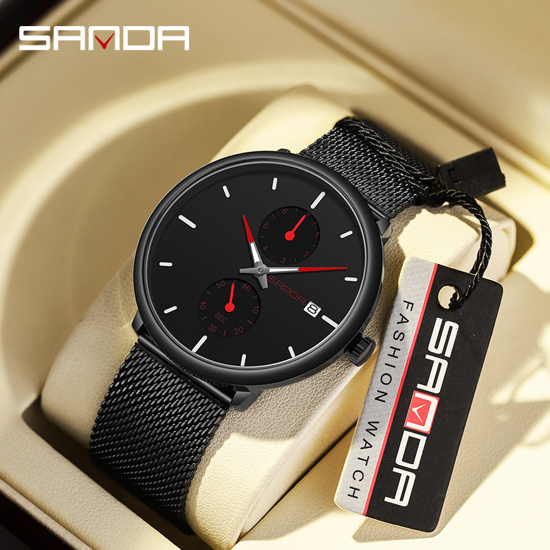 Sanda 1115 nuevo cinturón deportivo calendario impermeable reloj de cuarzo Moda simple hombres malla Correa reloj