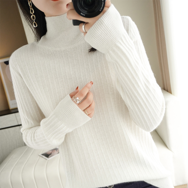 Women's Wool Turtleneck Sweater Autumn and Winter Loose Slim-fit Vertical Pattern Sweater High-end Short Slim-fit Base Sweater
