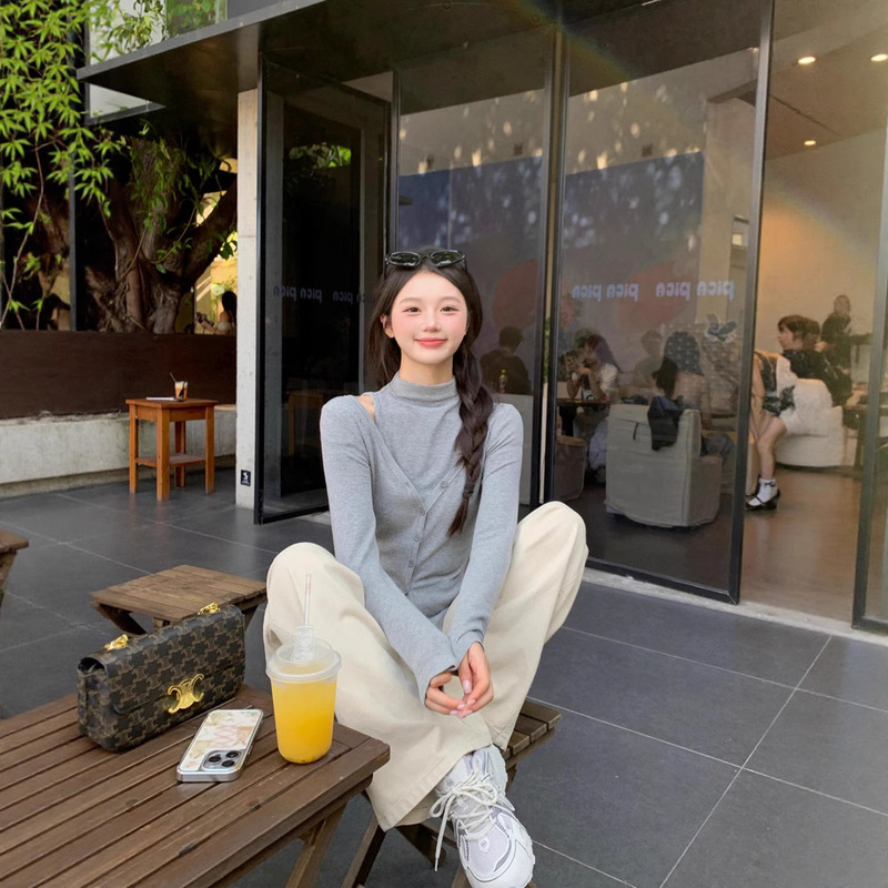 切糕自制【晚风呢喃】小个子两件套女秋高领背心V领开衫时尚套装|undefined