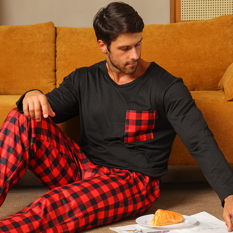 2026 New Men's Pajamas Long-Sleeved Long-Pants Loungewear Set Casual Spring and Autumn Plaid Pattern Youth Black 2026 New Men's Pajamas Long-Sleeved Long-Pants Loungewear Set Casual Spring and Autumn Plaid Pattern Youth Black
