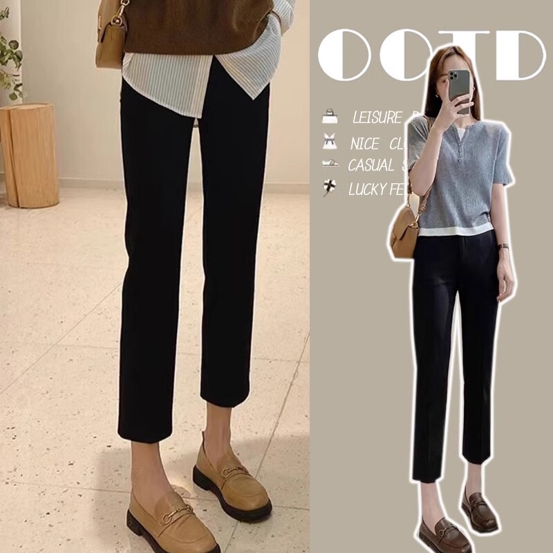 Maternity Pants for Spring and Autumn, New Petite Size, Nine-Point Length, Pregnancy Belly Support Straight-Leg Pants, Autumn and Winter Cigarette Pants with Fleece Lining