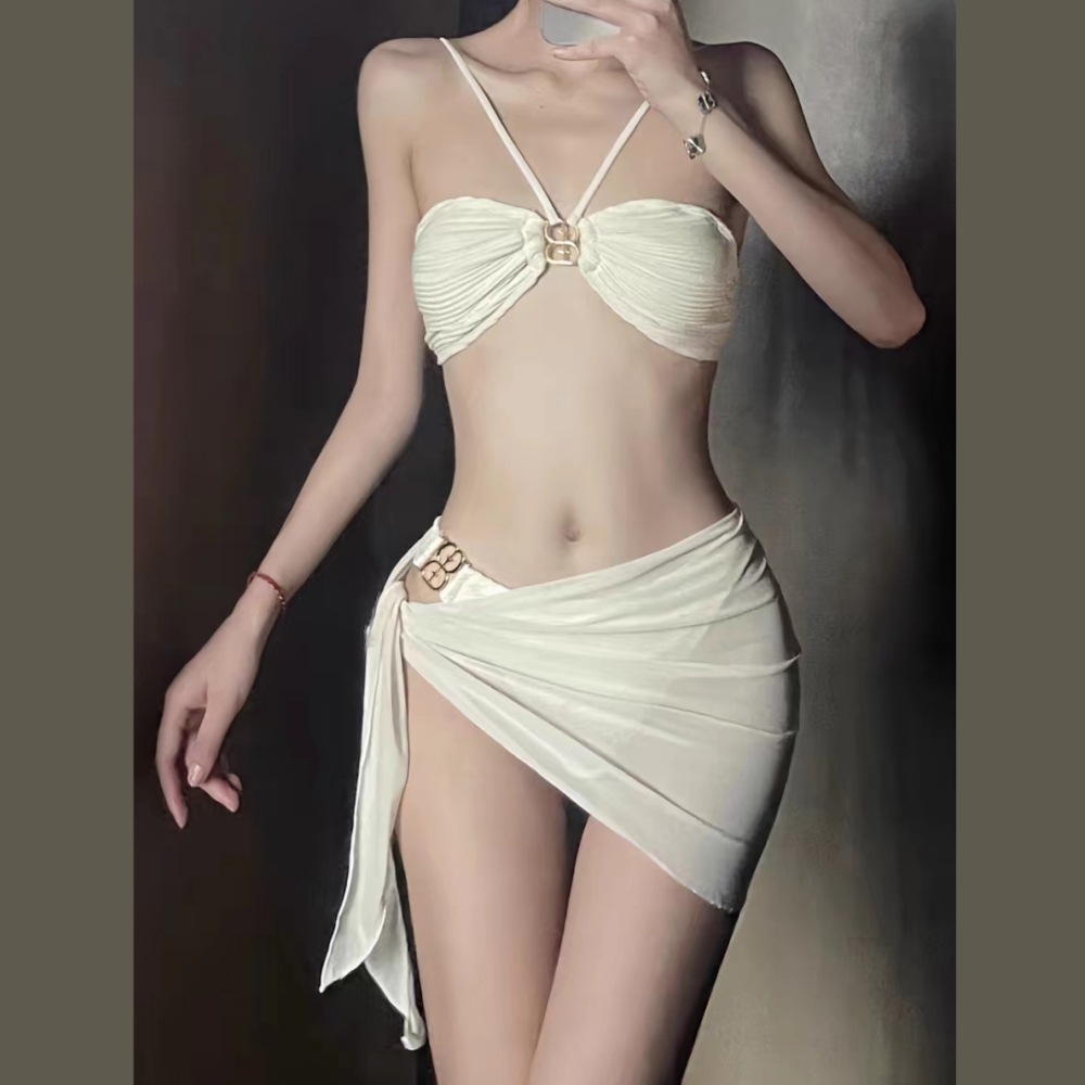 泰國潮牌白色裙式比基尼泳衣女夏小胸度假性感辣妹三件套高級感