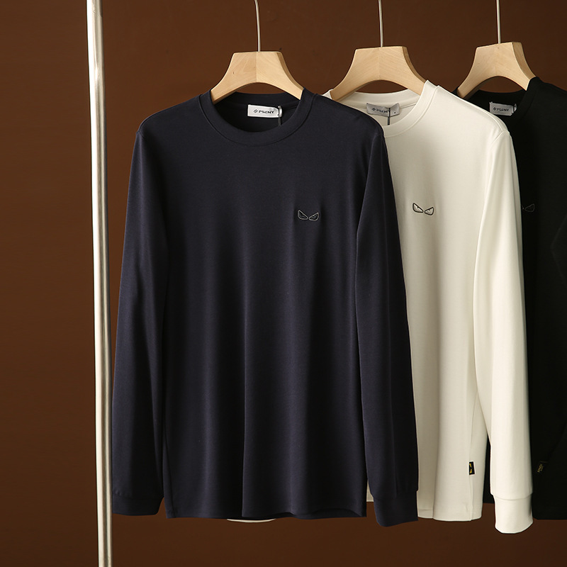 Domestic style! Copper ammonia soft cotton little devil eyes embroidered round neck long sleeve T-shirt solid color base shirt high elasticity