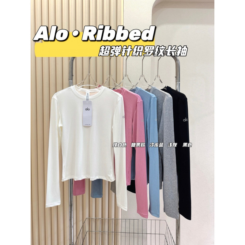 Autumn Ready Stock Alo Yoga Long-Sleeved T-Shirt Women's Threaded Slim Running Sports Top Bottoming Shirt Breathable and Quick-Drying