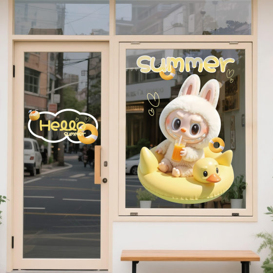 Labubu Trendy Glass Stickers for Milk Tea, Coffee, Dessert Shop Window Decoration Glass Film