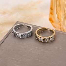 跨境新款满钻四叶草戒指法式老钱风微镶满天星锆石排戒个性指环女