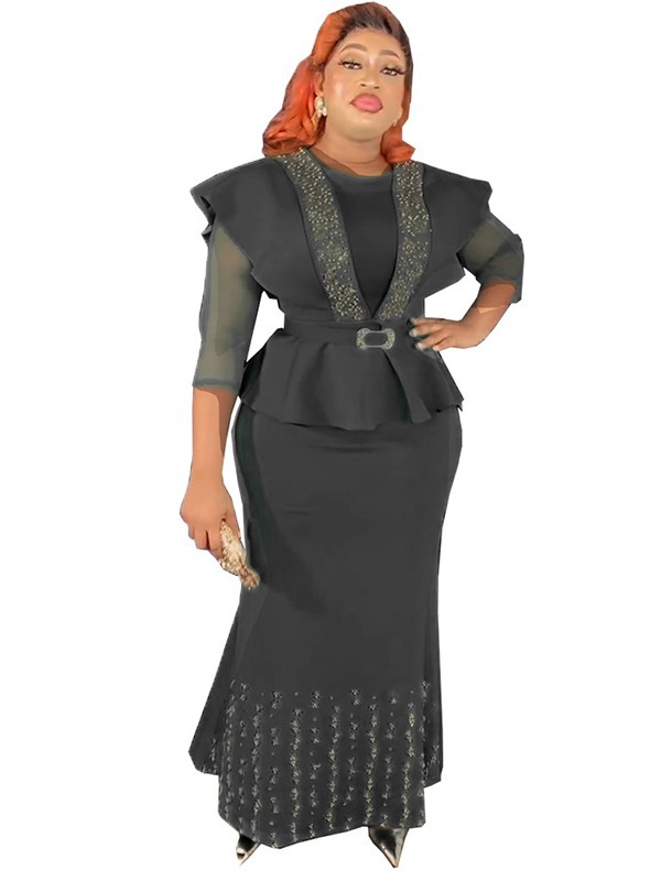 Special supply African-style waist top with long overskirt nail beads drilling solid color European and American plus size dress