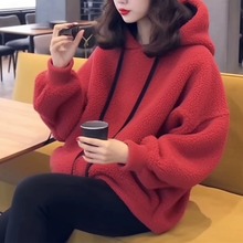 红色连帽羊羔毛卫衣女2026新款爆款冬季新年圣诞氛围感毛茸茸上衣