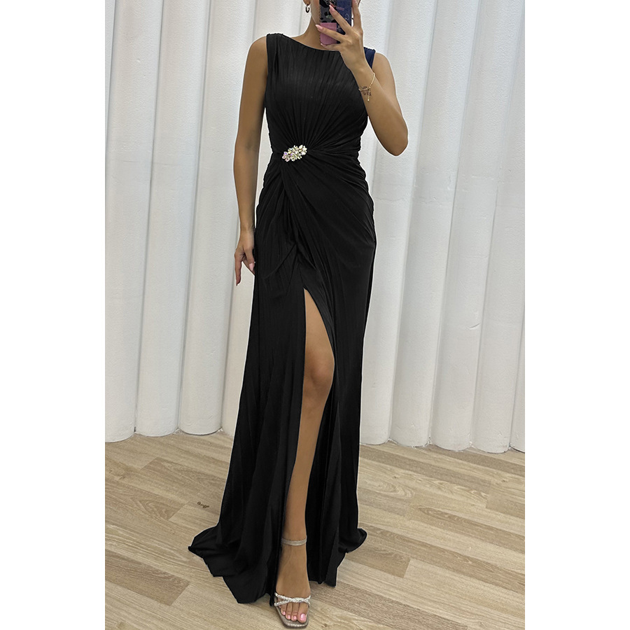 Abito da donna alla moda 2024 nuovo piegato diviso casual INS senza maniche moda da sera per donna_voghion.com