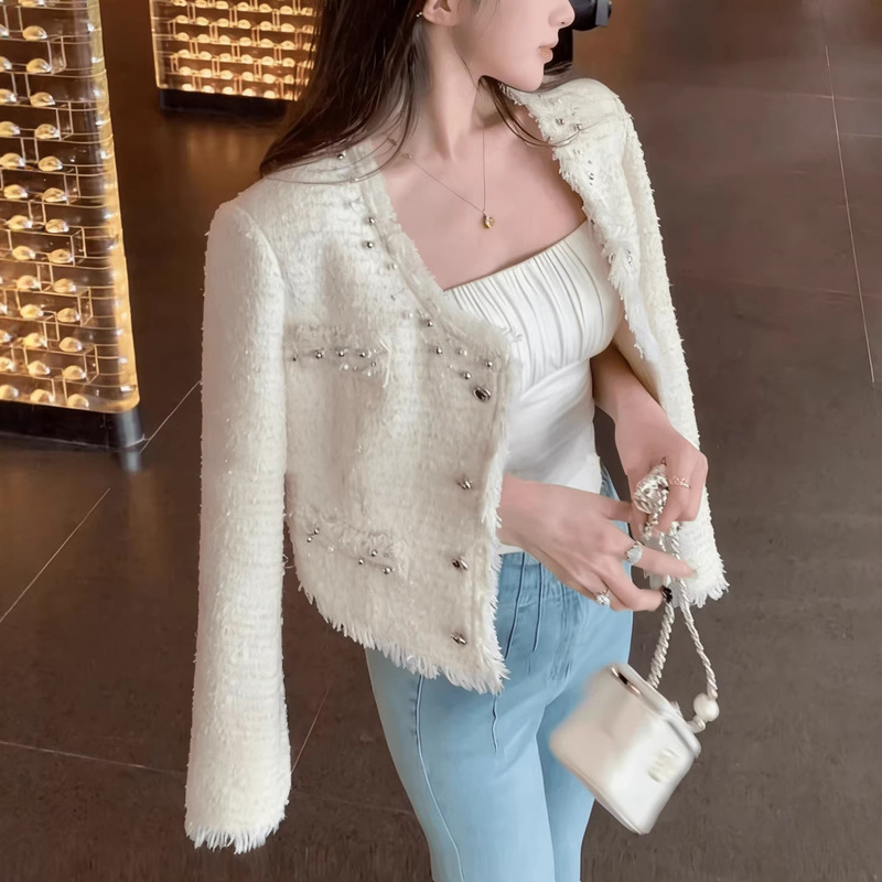Elegant Socialite Style Fringe Beaded Woolen Tweed Short Coat for Women, Spring and Autumn Chanel-Style Tweed Blazer Cardigan Elegant Socialite Style Fringe Beaded Woolen Tweed Short Coat for Women, Spring and Autumn Chanel-Style Tweed Blazer Cardigan