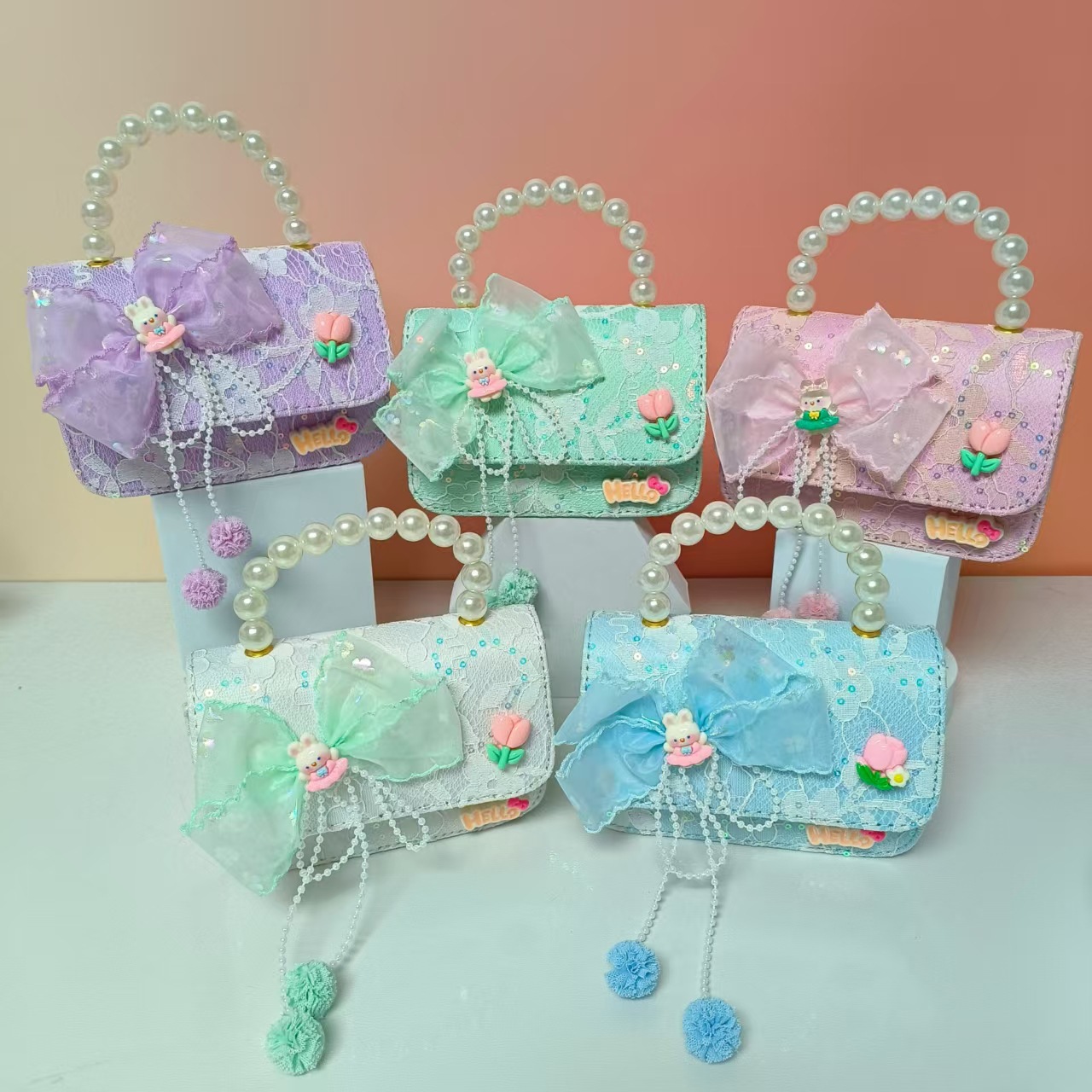 Bolso portátil de perlas de princesa conejo arco de hombro bolso de cadena bolso pequeño bolso de cambio de Año Nuevo