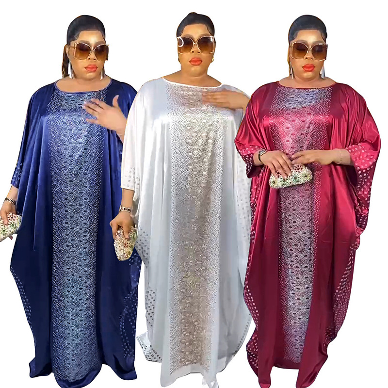 Cross-border supply AliExpress plus size adjustable belt dress women's clothing African rhinestone silk satin batwing sleeve robe