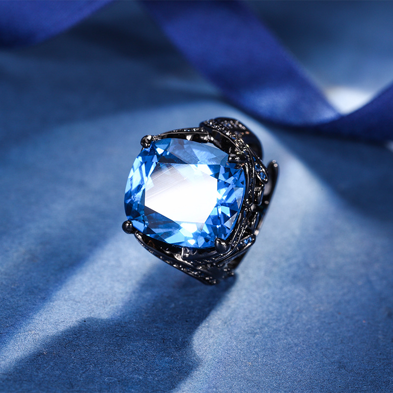 2024 Nueva Zhuang Sheng joyería de cobre inferior chapado en oro de simulación de grasa corindón rectangular de Oro Negro anillo de la personalidad femenina 14*16