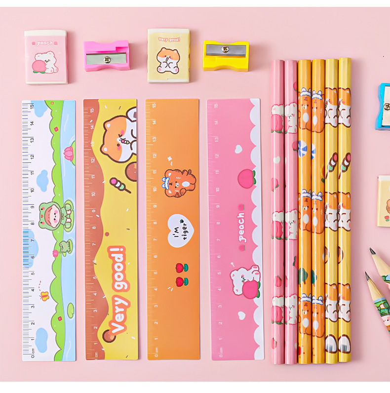 Student Learning Stationery Cartoon Pencil Eraser Ruler Pencil Sharpener Five-piece Set display picture 4
