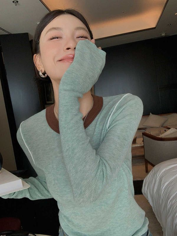 软糯撞色圆领打底针织衫女秋冬洋气皮草大衣内搭毛衣高级感上衣春|undefined