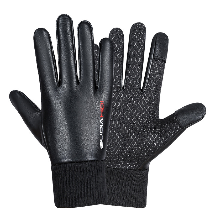 Men's Winter Riding Gloves, Windproof and Waterproof, Delivery Anti-Slip Touch Screen Driving Fishing Foldable Finger-Revealing PU Gloves, Cross-Border
