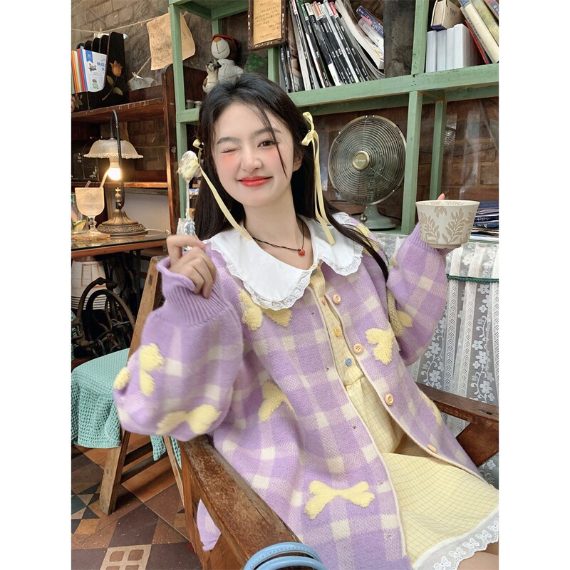 实拍~新款韩系甜美多巴胺立体刺绣蝴蝶结宽松厚实毛衣开衫外套女|undefined