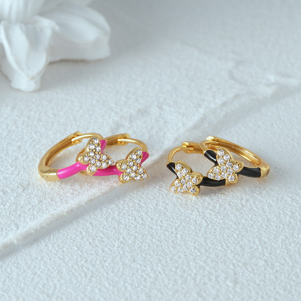 2g Weight 925 Sterling Silver Ear Needle Material Zircon Inlay Material Earrings Classification 1 Pair Quantity Holiday, Daily Occasion 925 Sterling Silver Material Circle, Butterfly Pattern Women's Gender Enamel, Plating, Inlay Design Simple Style Style 1 Pair 925 Sterling Silver Zircon Circle Butterfly Earrings 4