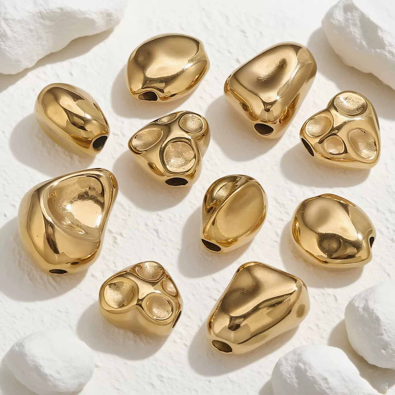 304钛钢不锈钢碎石大孔珠子镀18K金菱形异形石头珠手链项链散珠