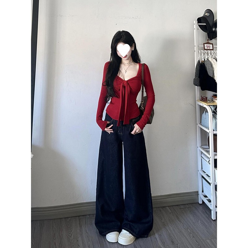 工厂批发纯欲辣妹红色蝴蝶结长袖T恤女设计感修身气质打底衫上|undefined
