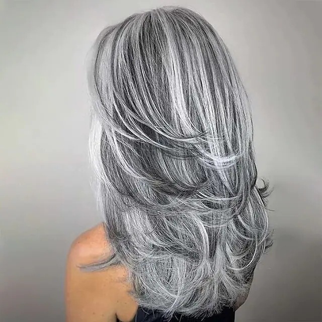 Cross-Border European and American Women's Wig with Medium Parted Long Hair, Slightly Curly Gradient Gray-White Multi-Color Women's Synthetic Wig Headgear Cross-Border European and American Women's Wig with Medium Parted Long Hair, Slightly Curly Gradient Gray-White Multi-Color Women's Synthetic Wig Headgear