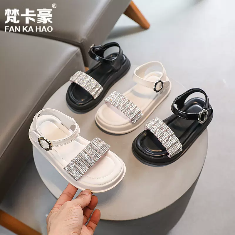 梵卡豪儿童水钻凉鞋2024夏季新款女童百搭厚底休闲罗马松糕凉鞋