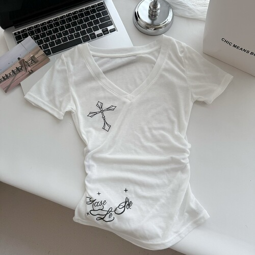 Women's Loose-Fitting 2025 Summer Large-Sized Print V-Neck T-Shirt