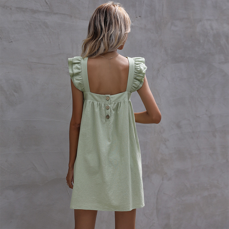 summer new solid color ruffled sling dress nihaostyle clothing wholesale NSYIC69364