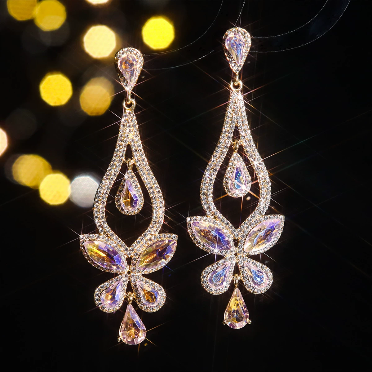 European and American cross -border luxury temperament glass rhinestone ears women with exaggerated water drop earrings earrings earrings