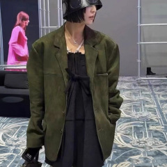 高品质真皮西装女绵羊皮山羊皮绒面西装阔版中长款外套2025秋新款
