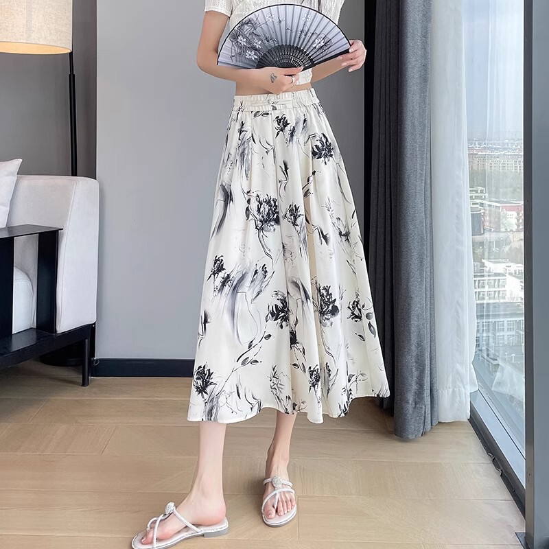 Ink Painting Printing Ice Silk Wide Leg Cropped Pants Women's Summer Thin 2024 New High Waist Loose Draping Pants