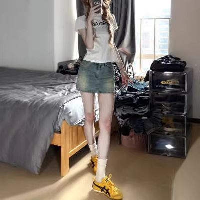 Retro blue high-waist slimming denim skirt female student A-line anti-exposure small hot girl hip skirt ins
