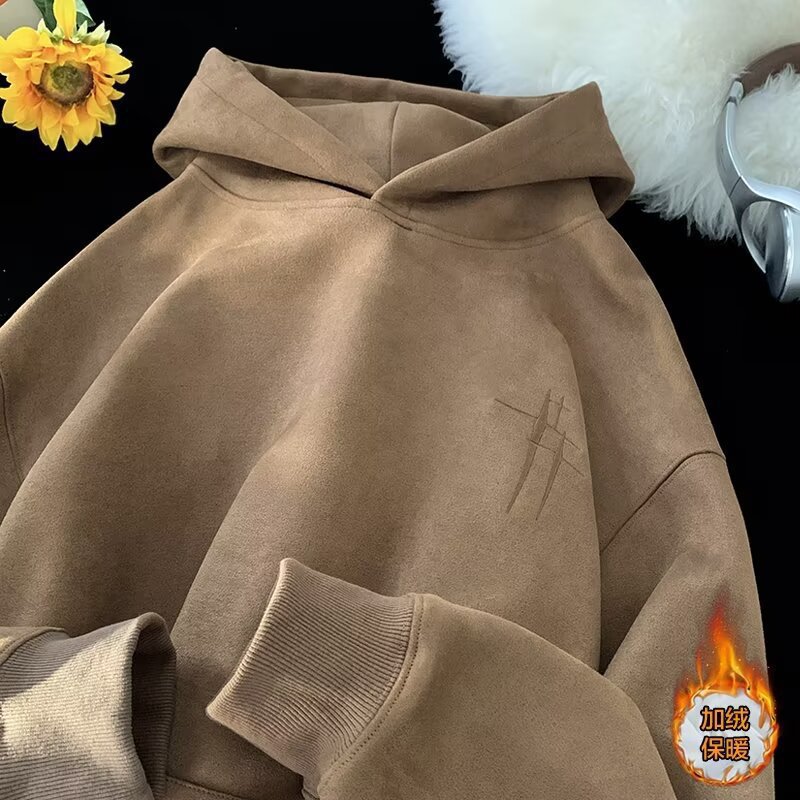 秋冬の新型の重ポンドのスエードのパーカーの男性の潮流の復古的なアメリカのoversizeのゆったりしているベルベットの帽子のコート