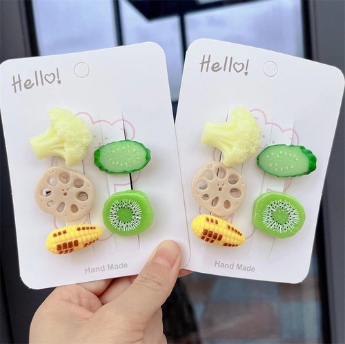 Set of 5 ~ Funny and interesting simulated vegetable food hairpins, cauliflower, lotus root, corn, kiwi fruit hairpins, small size