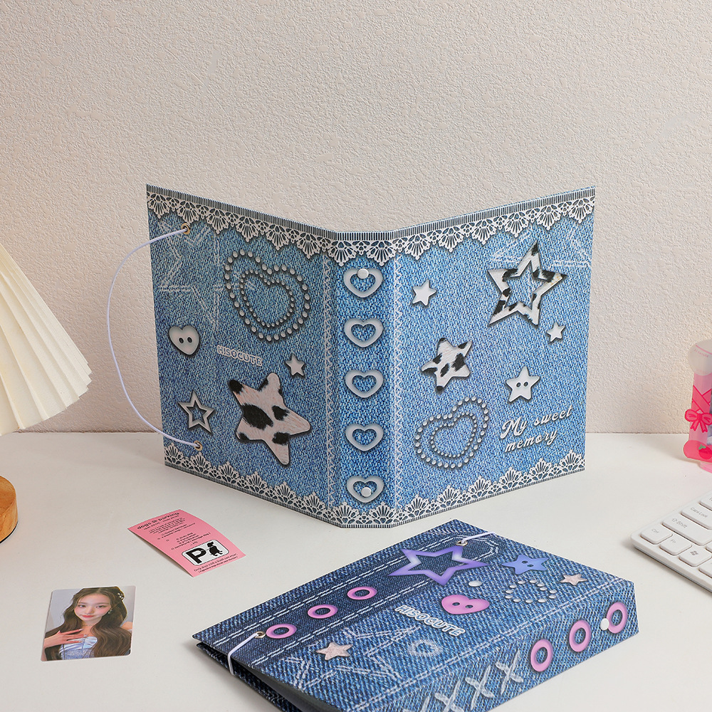 Original nostálgico hecho en casa retro patrón de tela de mezclilla A5 libro de tarjetas de hojas sueltas estudiante estuche rígido correa de tres pulgadas álbum de seis agujeros hembra